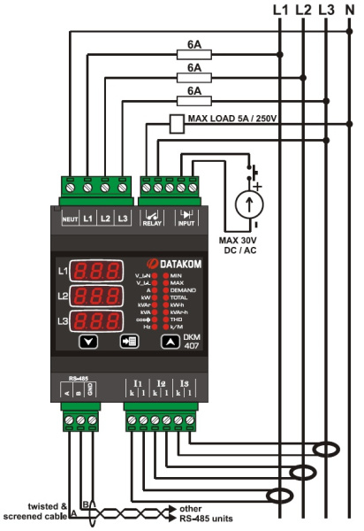 DATAKOM DKM-407 Анализатор электрической сети, DIN рейка, THD, RS-485, 1 дискр. вход, 1 дискр. выход
